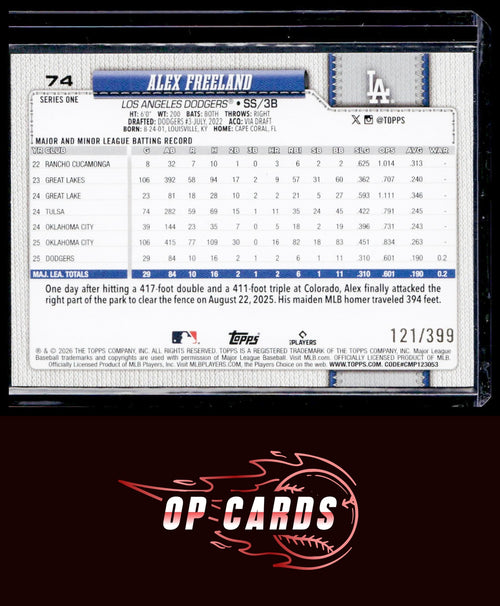 Alex Freeland 2026 Topps #74 Yellow Holo Foil #/399