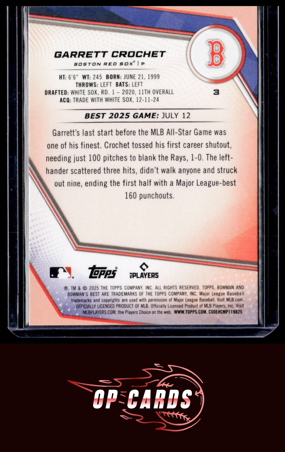 Garrett Crochet 2025 Bowman's Best #3 Wave Refractors