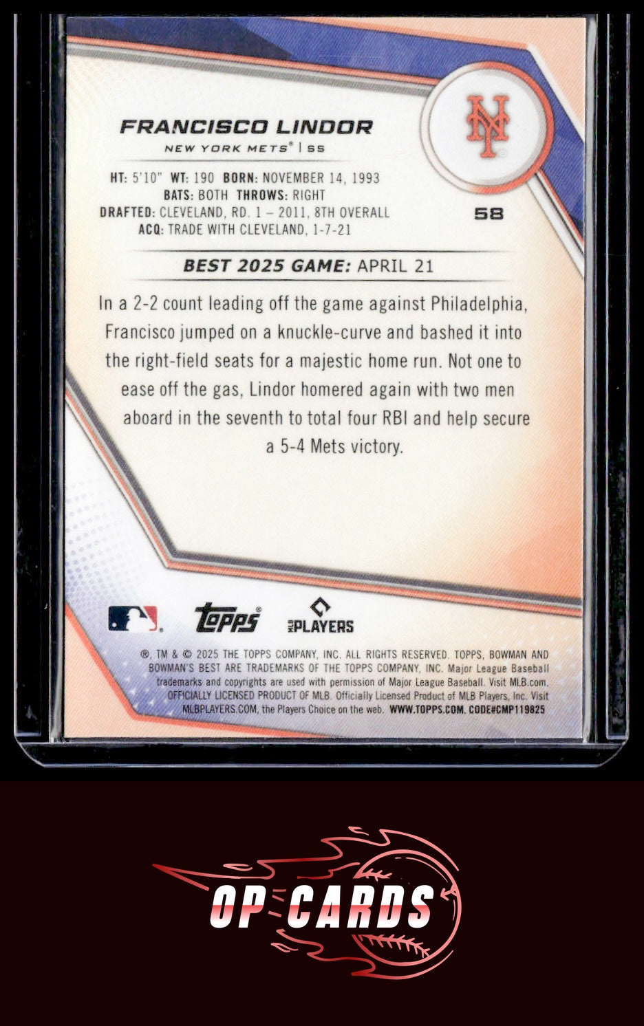 Francisco Lindor 2025 Bowman's Best #58 Wave Refractors