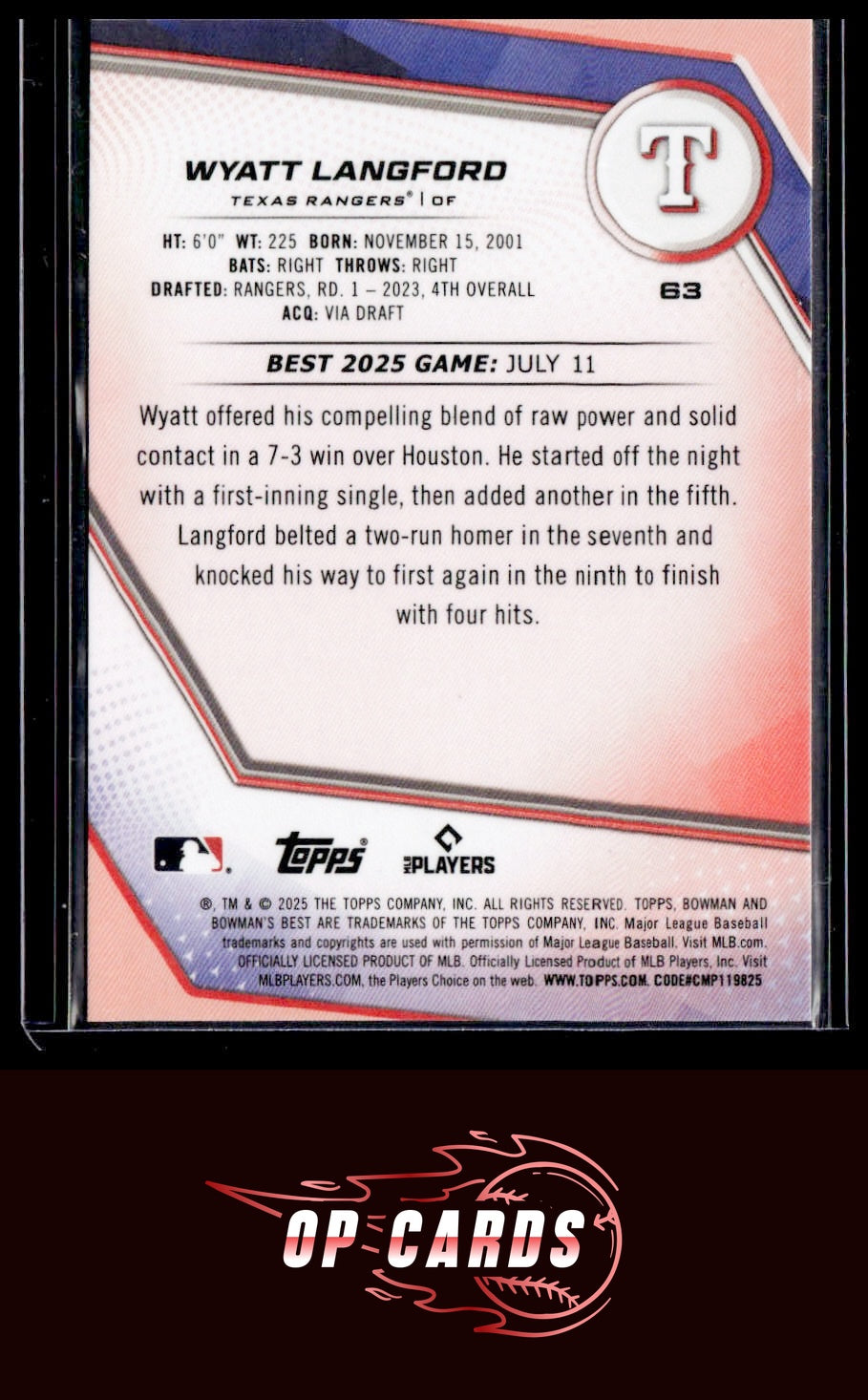 Wyatt Langford 2025 Bowman's Best #63 Wave Refractors
