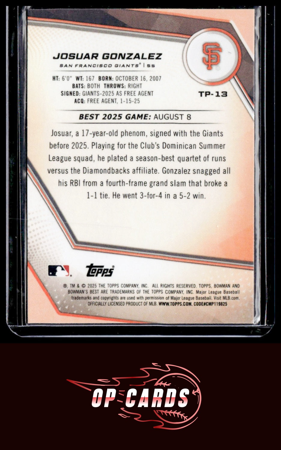 Josuar Gonzalez 2025 Bowman's Best #TP-13 Wave Refractors