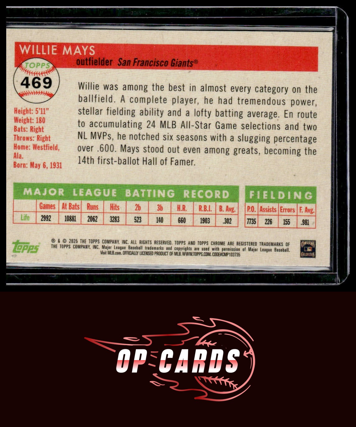 Willie Mays 2025 Topps Chrome Platinum Cream Fuchsia Shimmer Refractor /100
