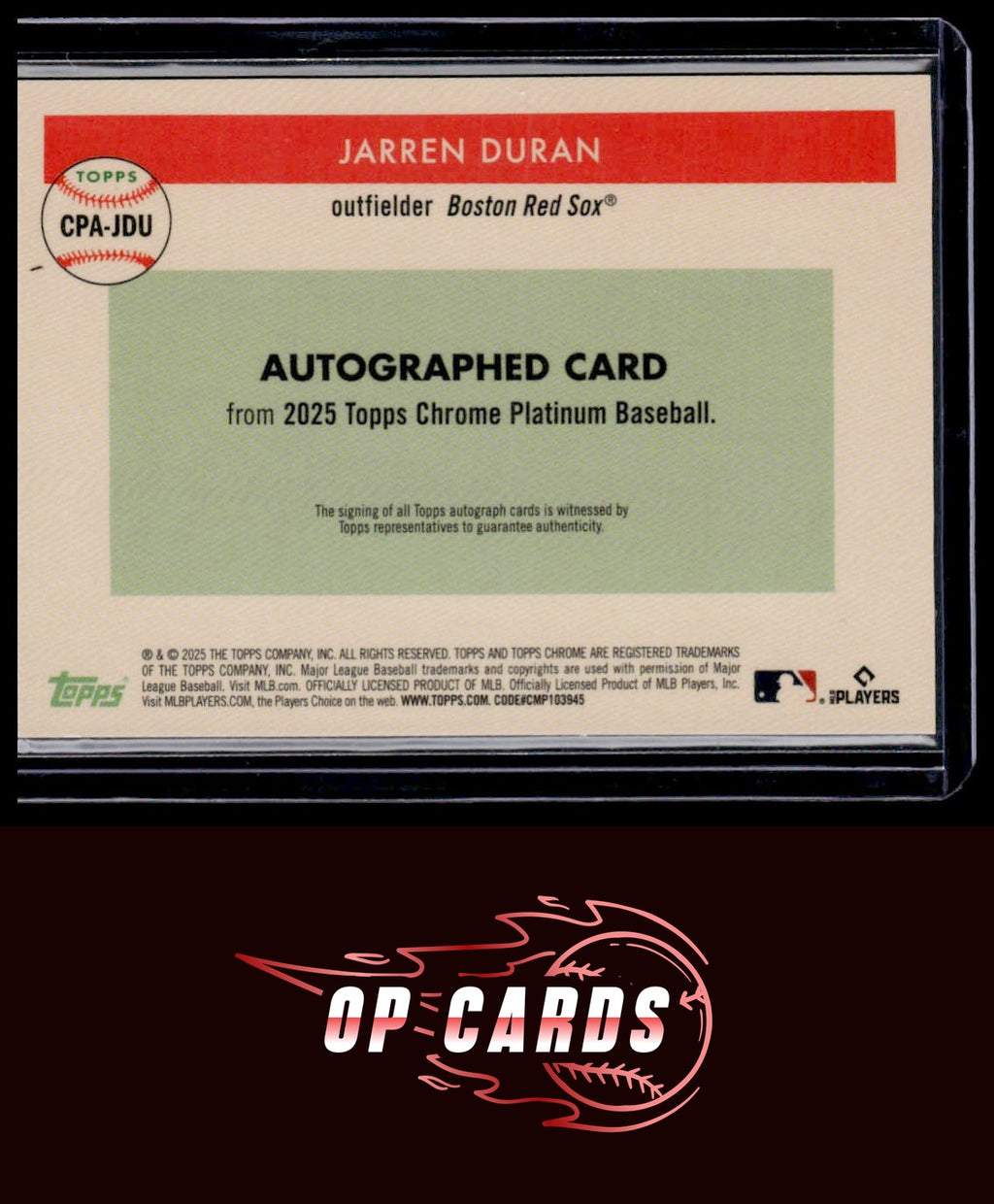 Jarren Duran 2025 Topps Chrome Platinum #CPA-JDU Autograph Aqua Refractors #/150