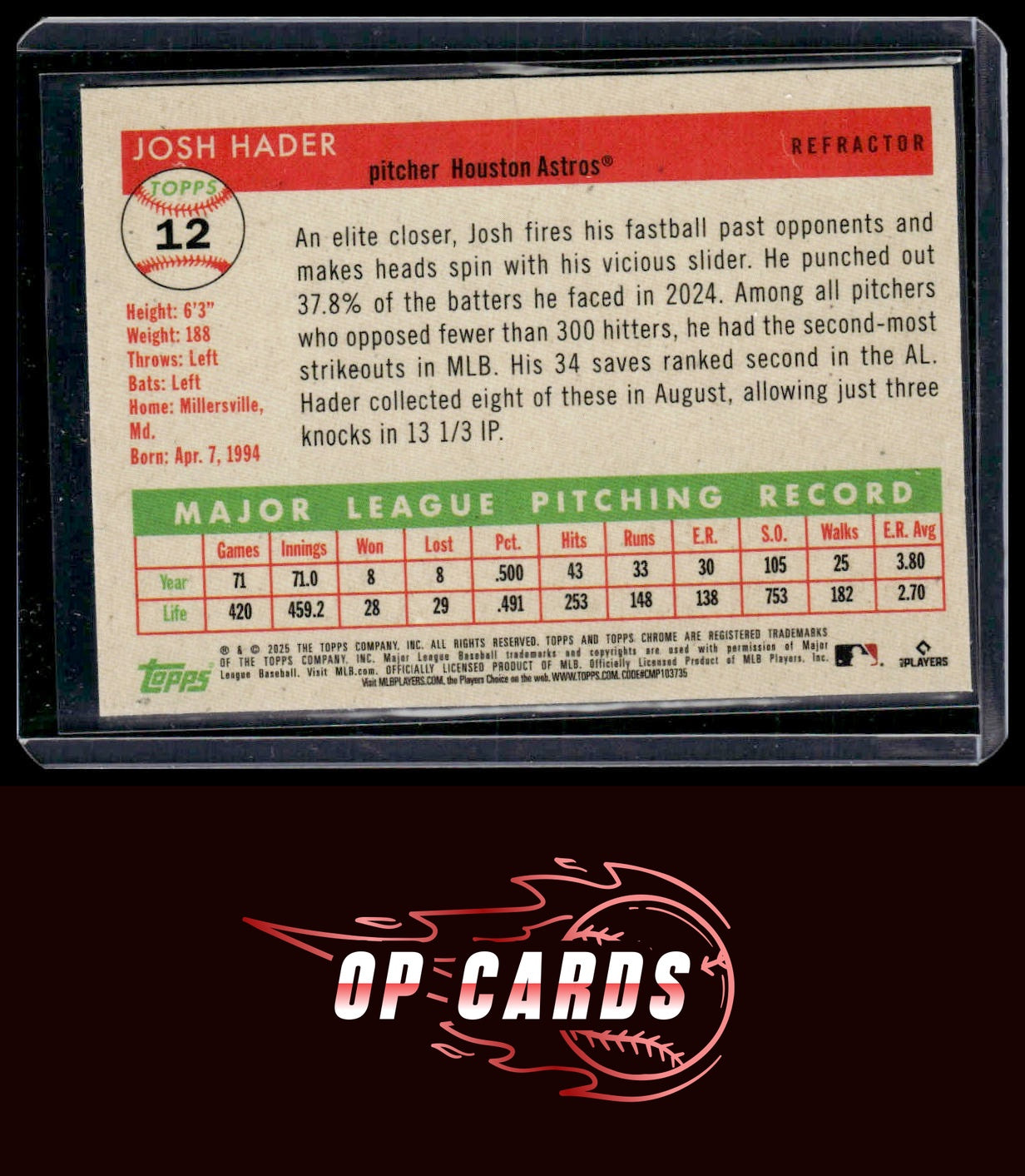 Josh Hader 2025 Topps Chrome Platinum #12 Refractors