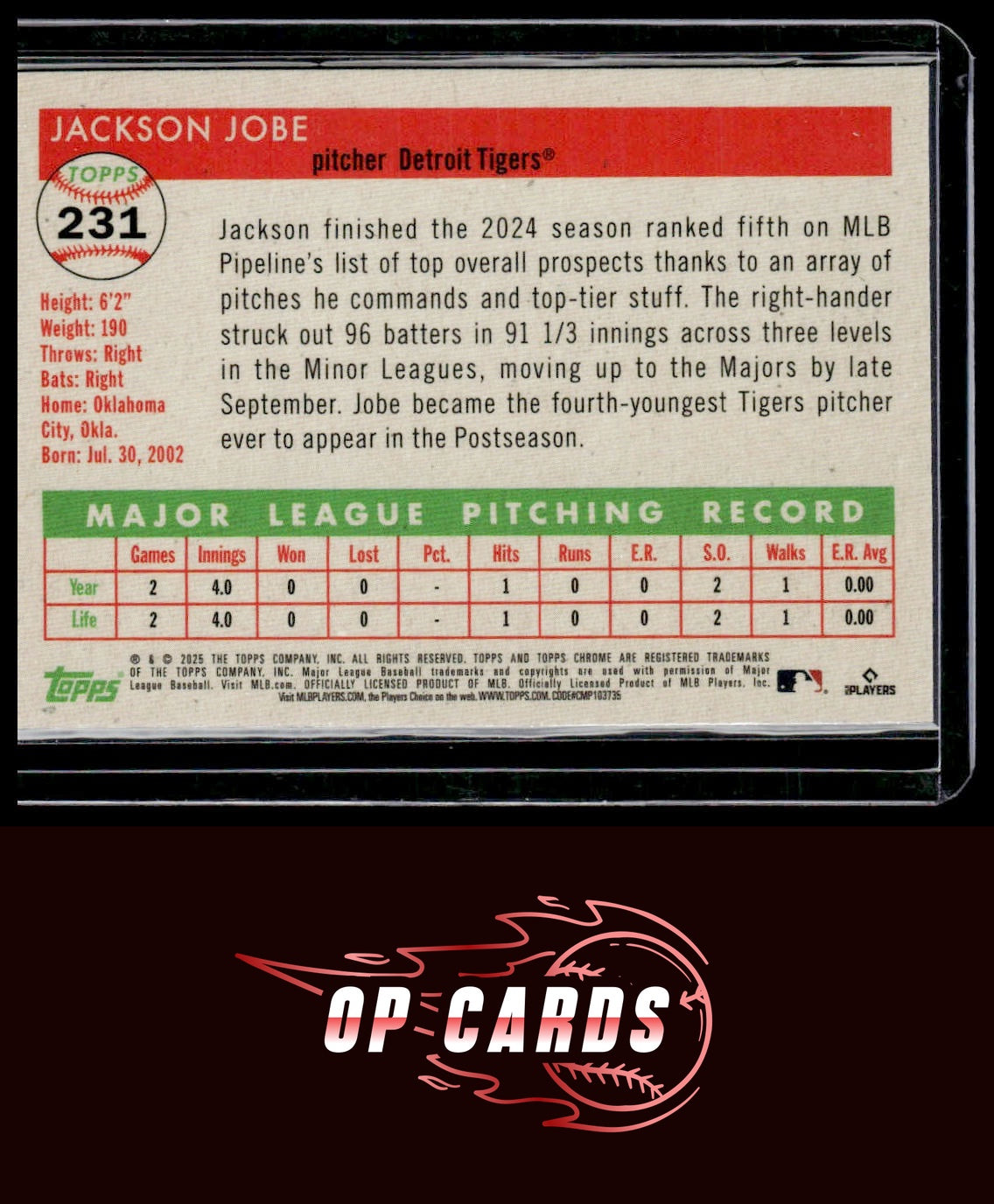 Jackson Jobe 2025 Topps Chrome Platinum #231 Purple Vibrations Refractors #/250