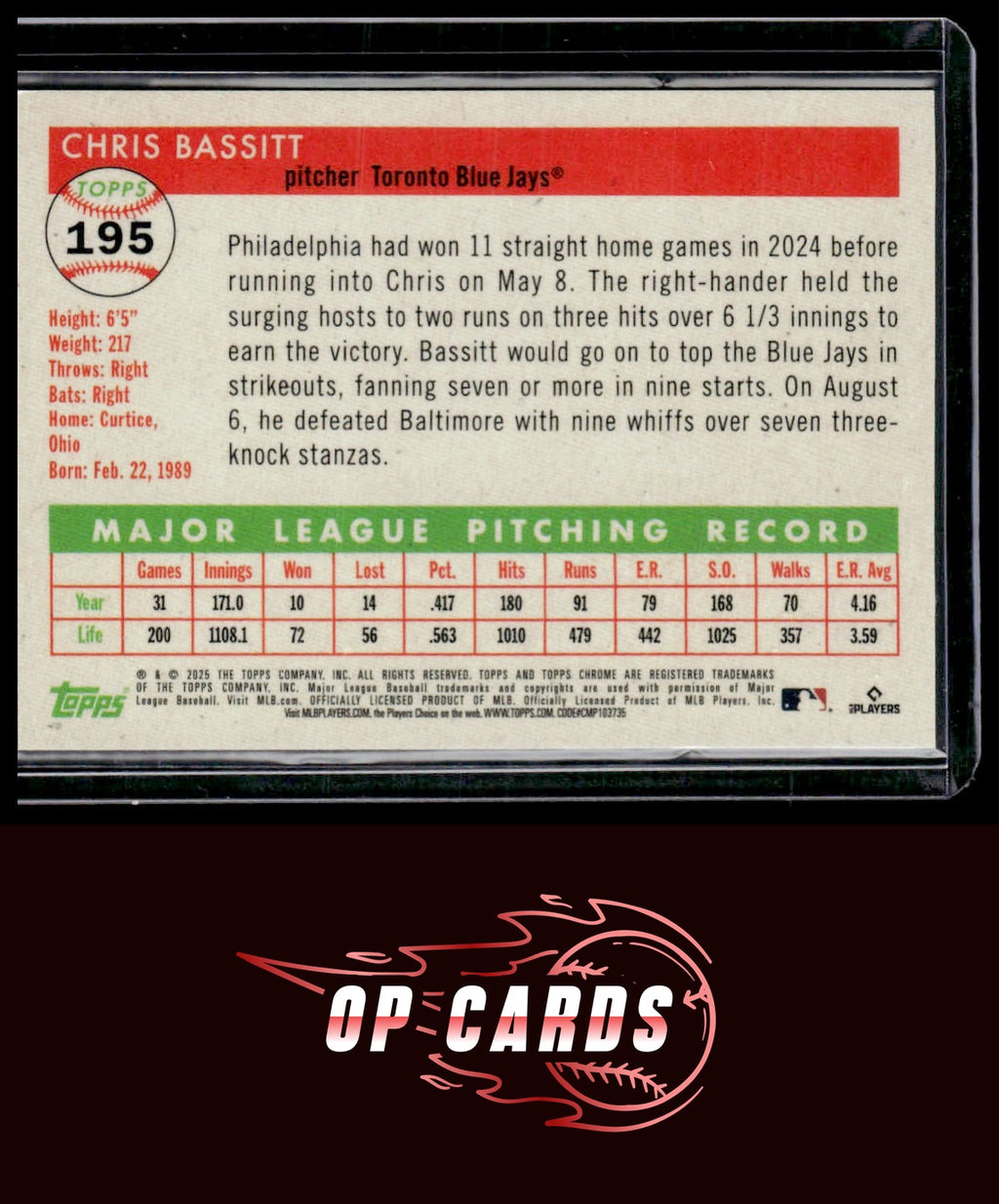Chris Bassitt 2025 Topps Chrome Platinum #195 Toile Cream / Red Refractors #/5