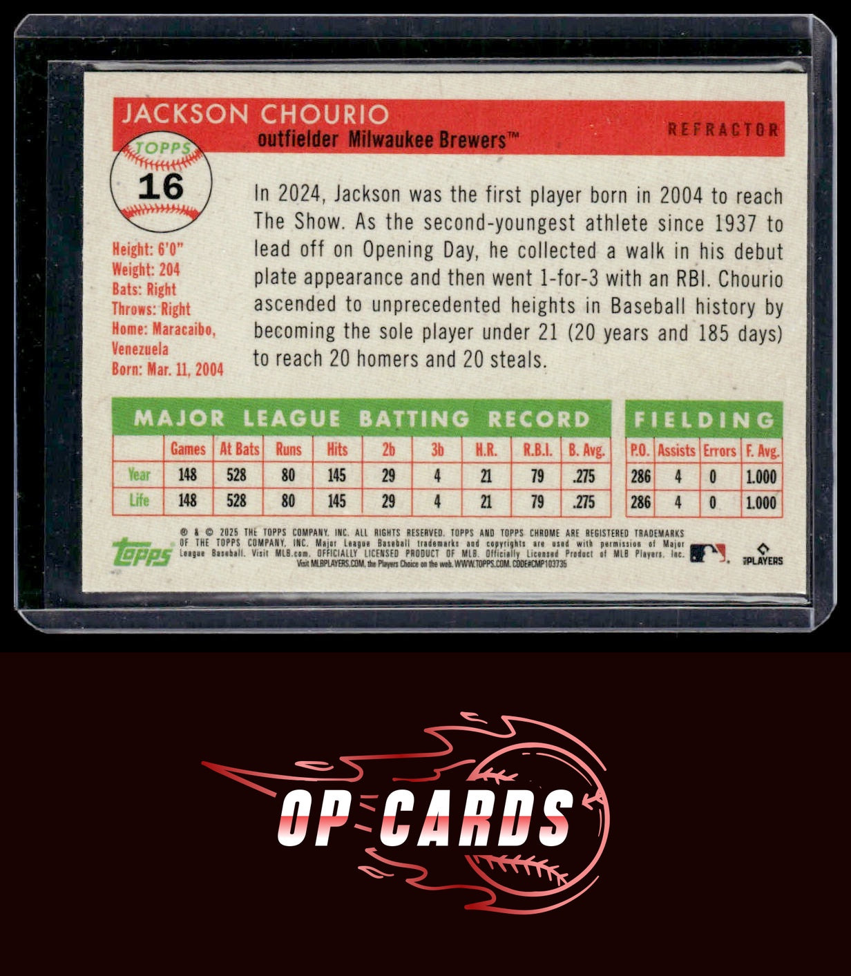 Jackson Chourio 2025 Topps Chrome Platinum #16 Refractors