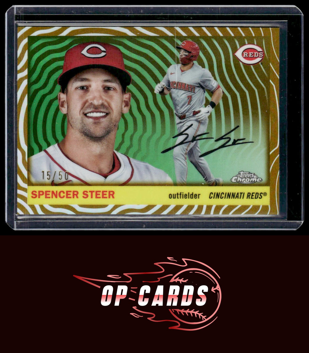 Spencer Steer 2025 Topps Chrome Platinum #47 Gold Vibrations Refractors #/50