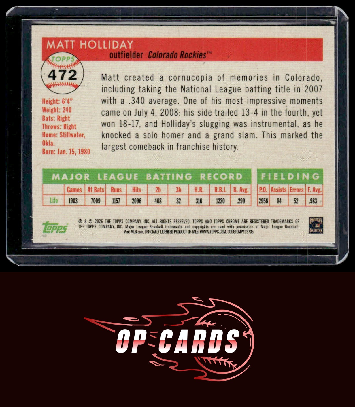 Matt Holliday 2025 Topps Chrome Platinum Rose Gold Mini-Diamond Refractors #/75