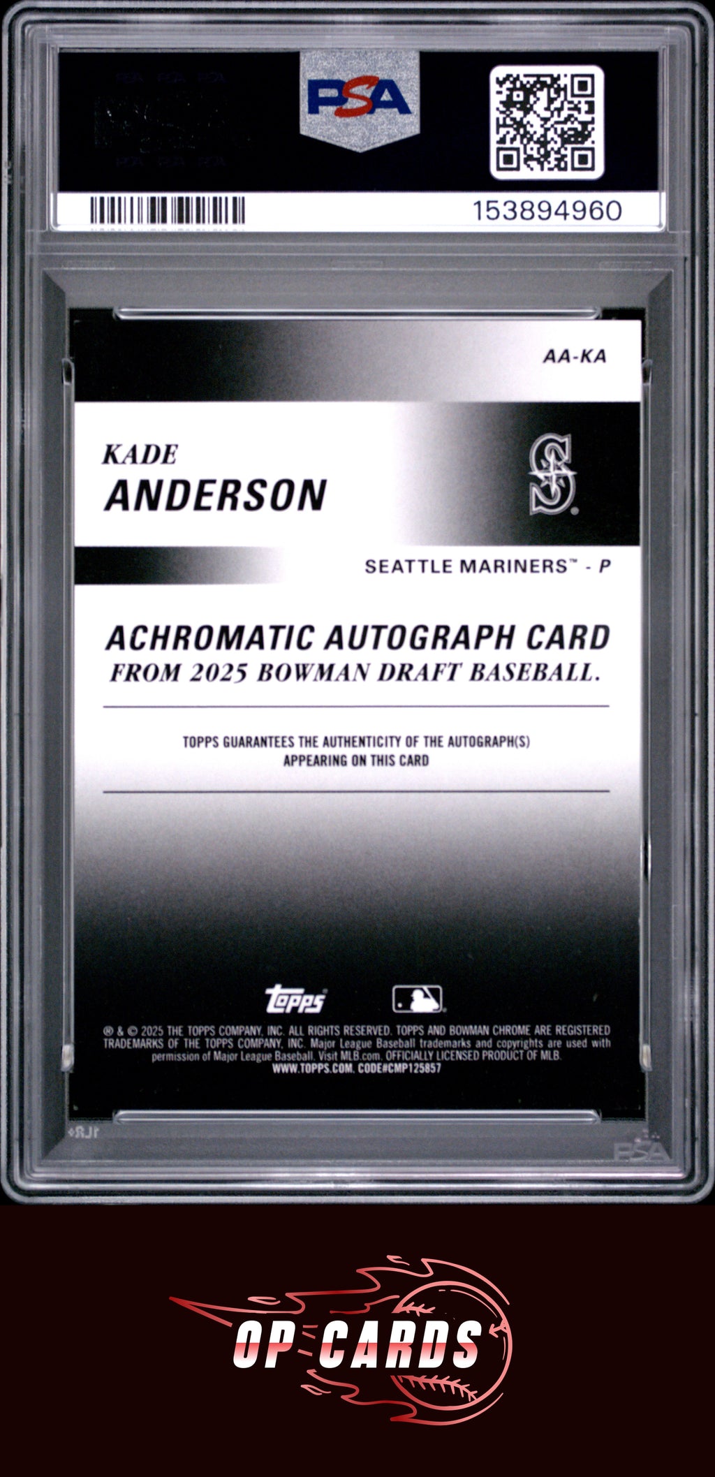Kade Anderson 2025 Bowman Draft Achromatic Autographs Refractor PSA 9 /250