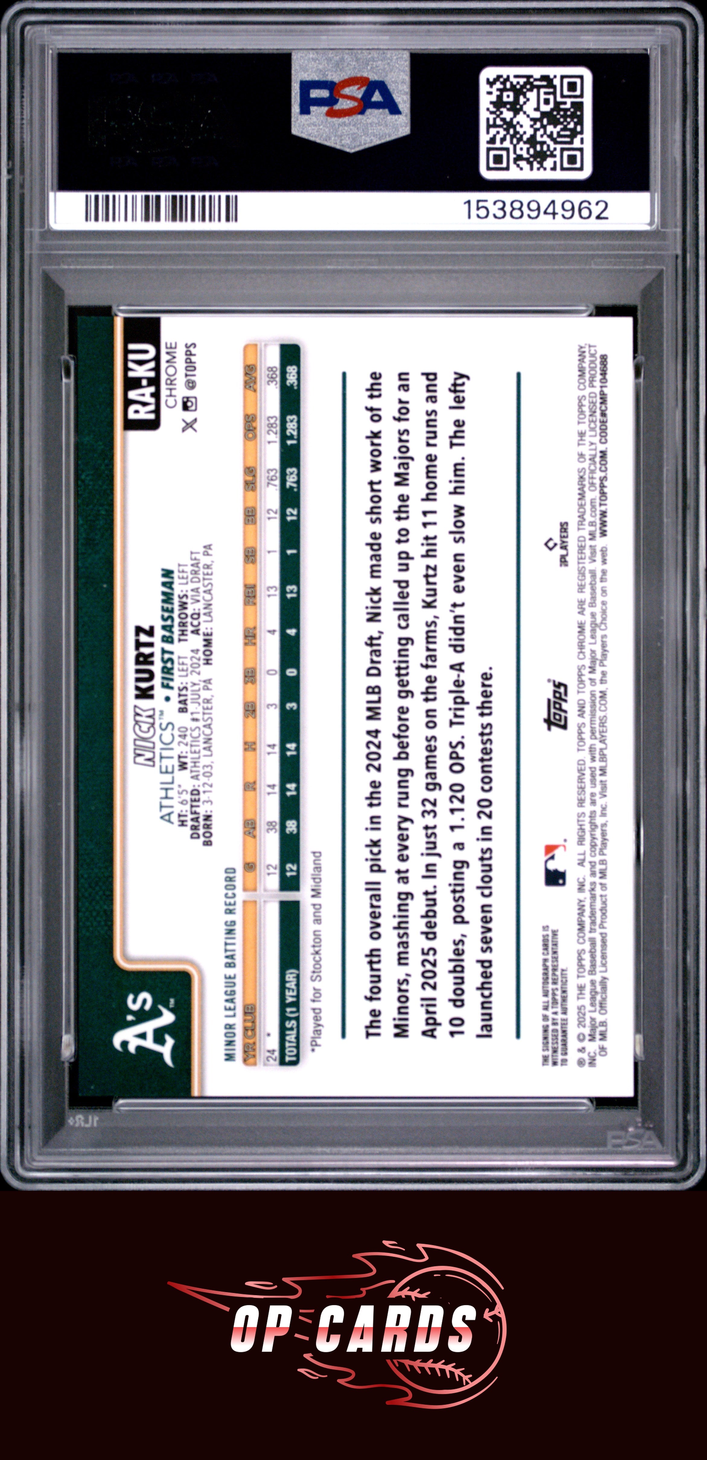Nick Kurtz 2025 Topps Chrome #RA-KU Rookie Autographs PSA 10