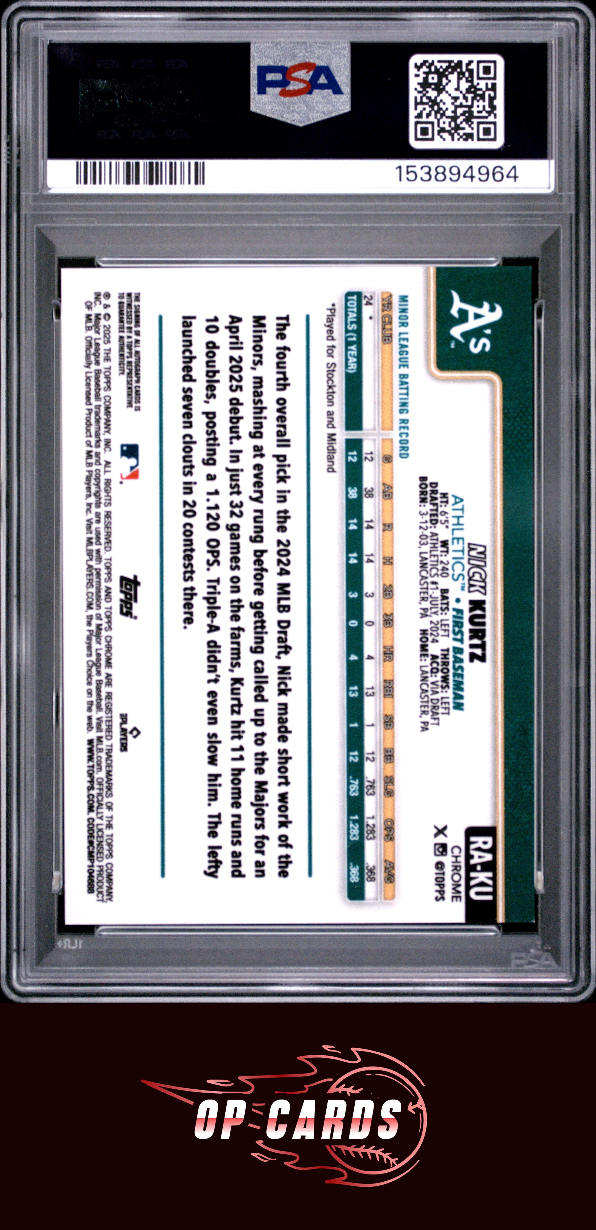 Nick Kurtz 2025 Topps Chrome Rookie Autographs Rookie Autograph Gold PSA 9 /85