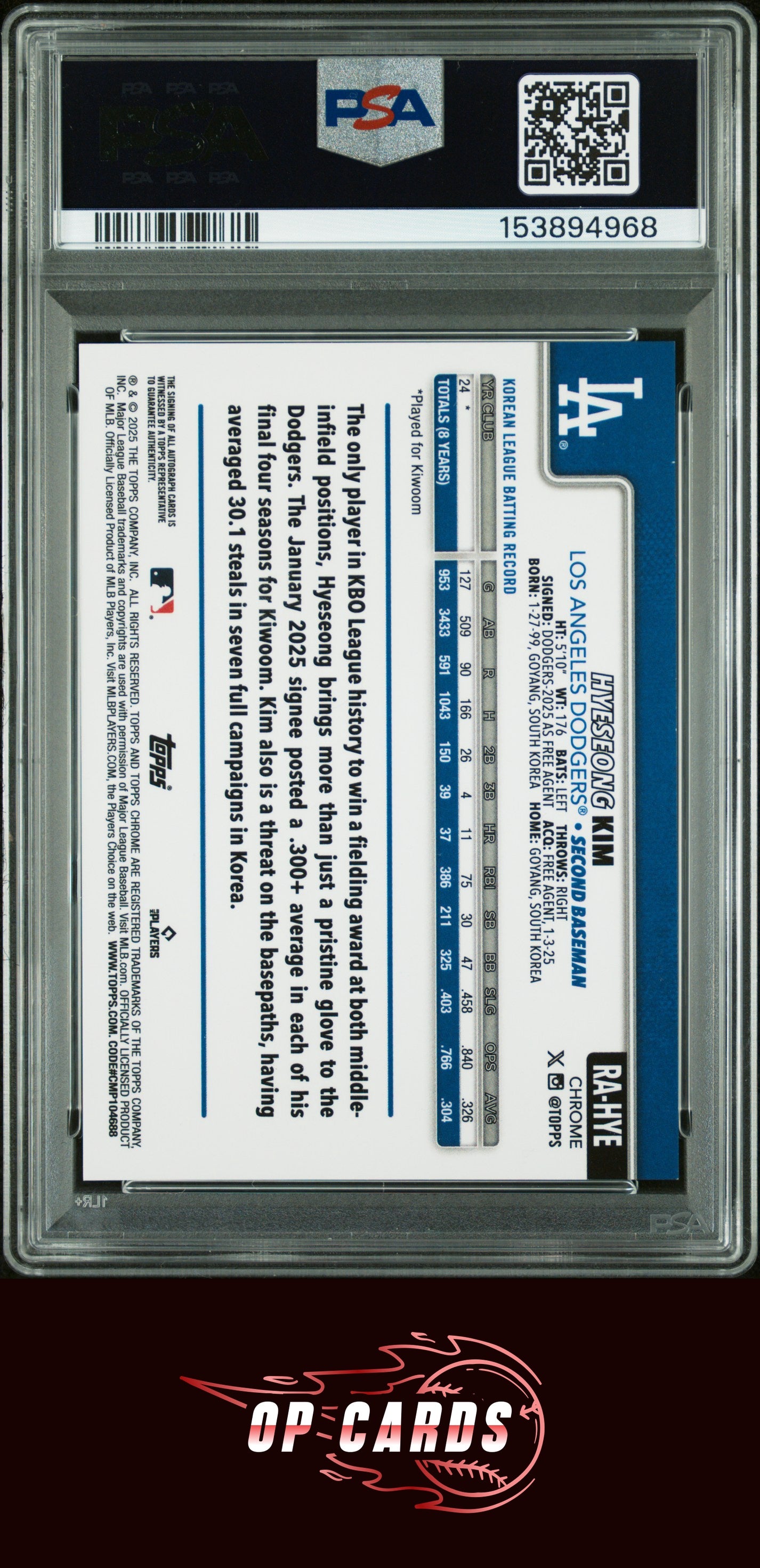 Hyeseong Kim 2025 Topps Chrome Rookie Autograph Purple Refractor  PSA 9 /250