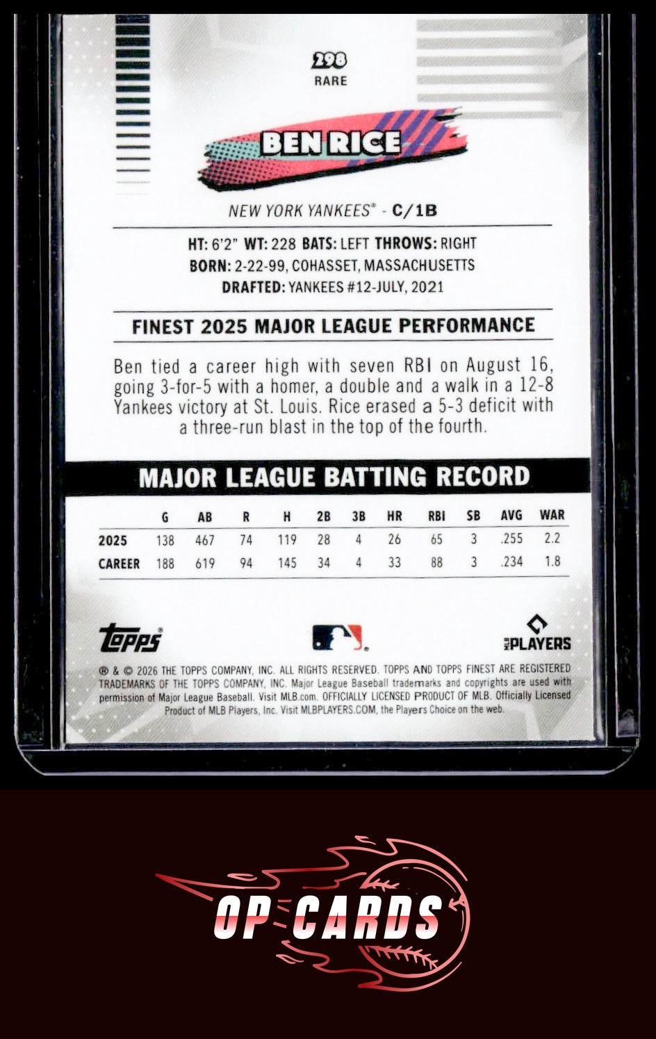 Ben Rice 2026 Topps Finest Rare #298