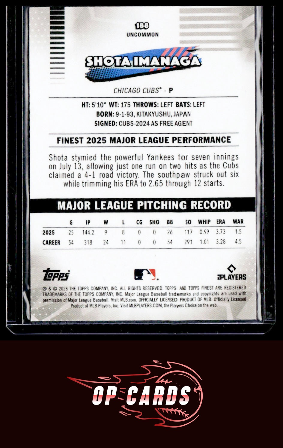 Shota Imanaga 2026 Topps  Finest #188 Green X-Fractors #/99
