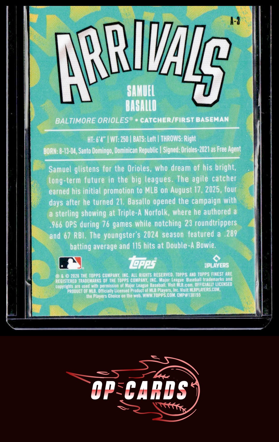 Samuel Basallo 2026 Topps Finest #A-3 Arrivals