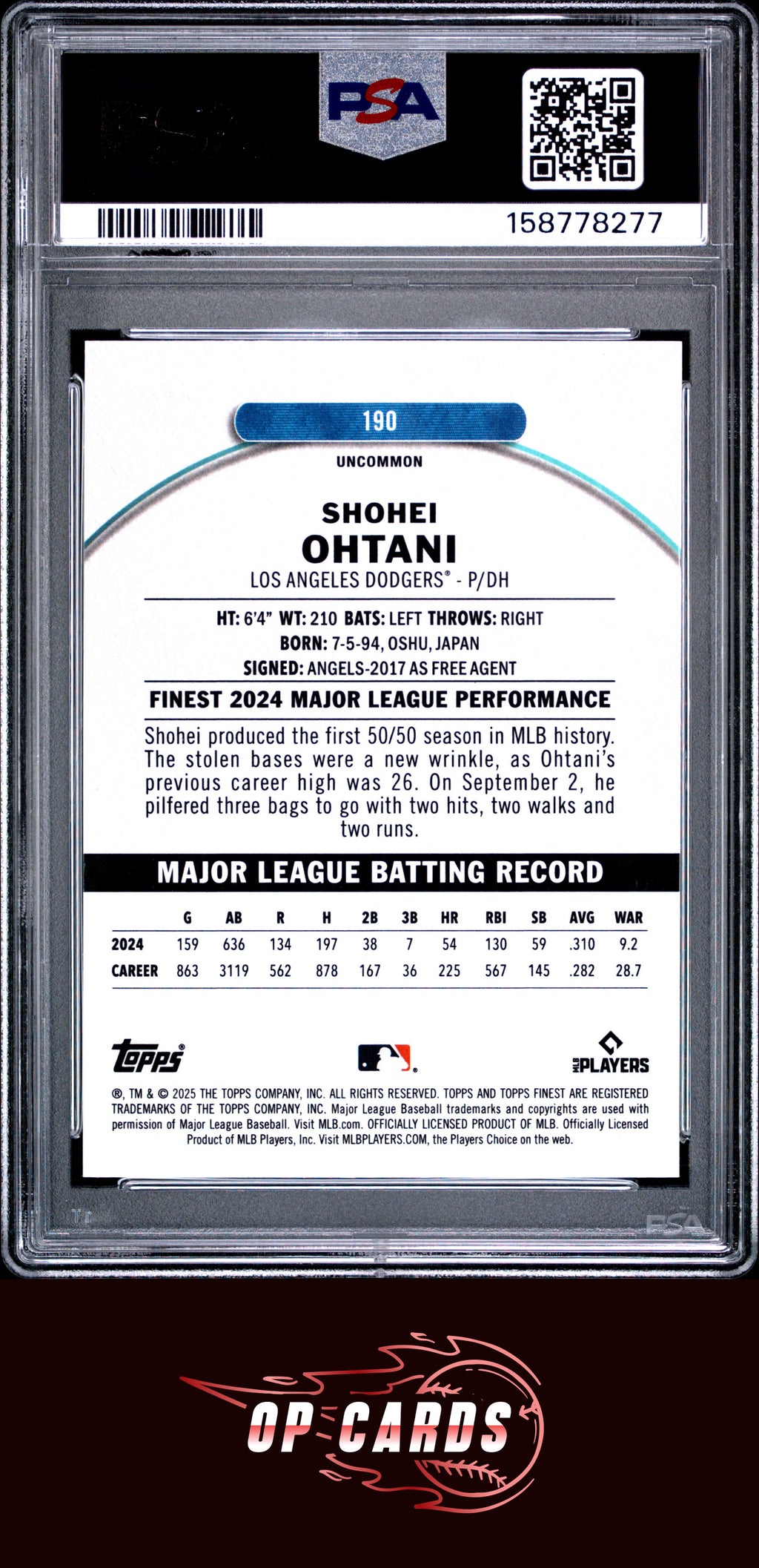 Shohei Ohtani 2025 Topps Finest #190 PSA 8