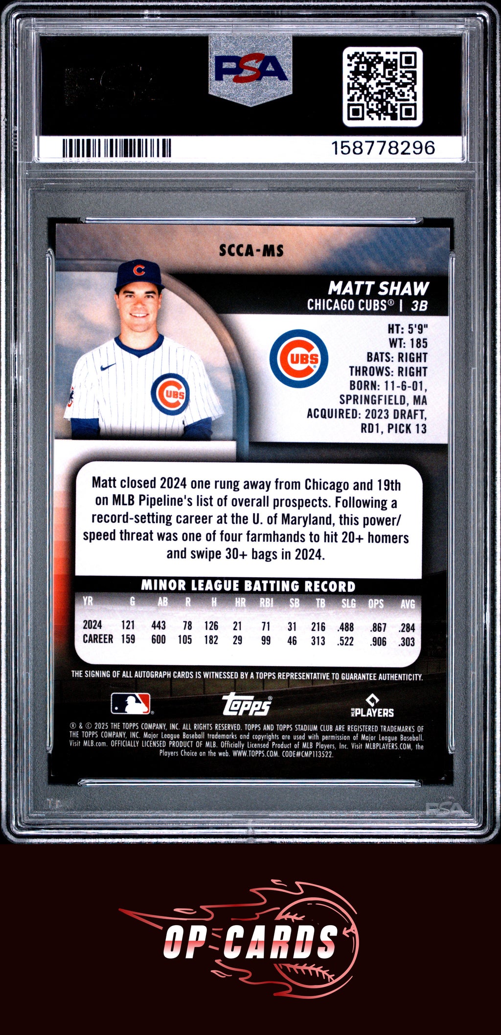Matt Shaw 2025 Topps Stadium Club Chrome Autographs #MS Refractor PSA 9