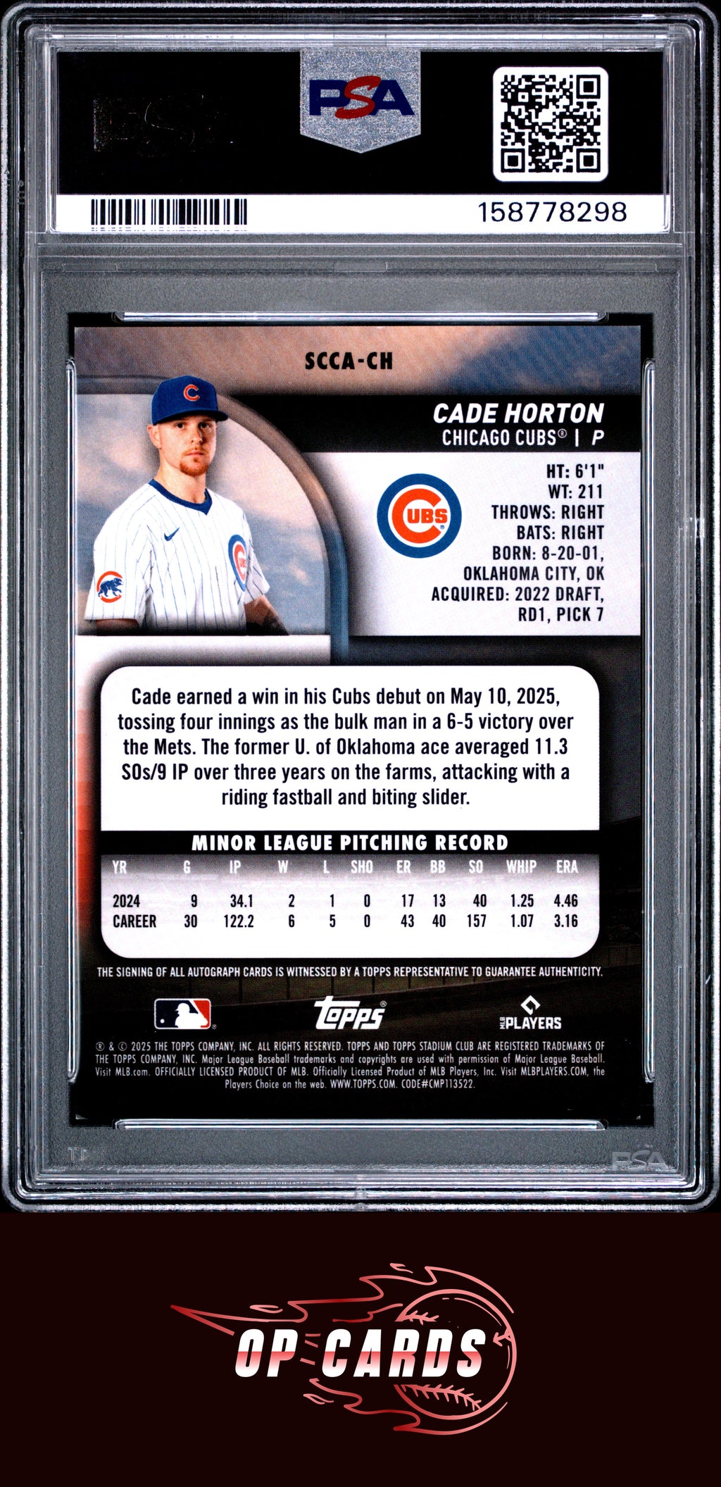 Cade Horton 2025 Topps Stadium Club Chrome Autographs Turquoise Refractor PSA 8