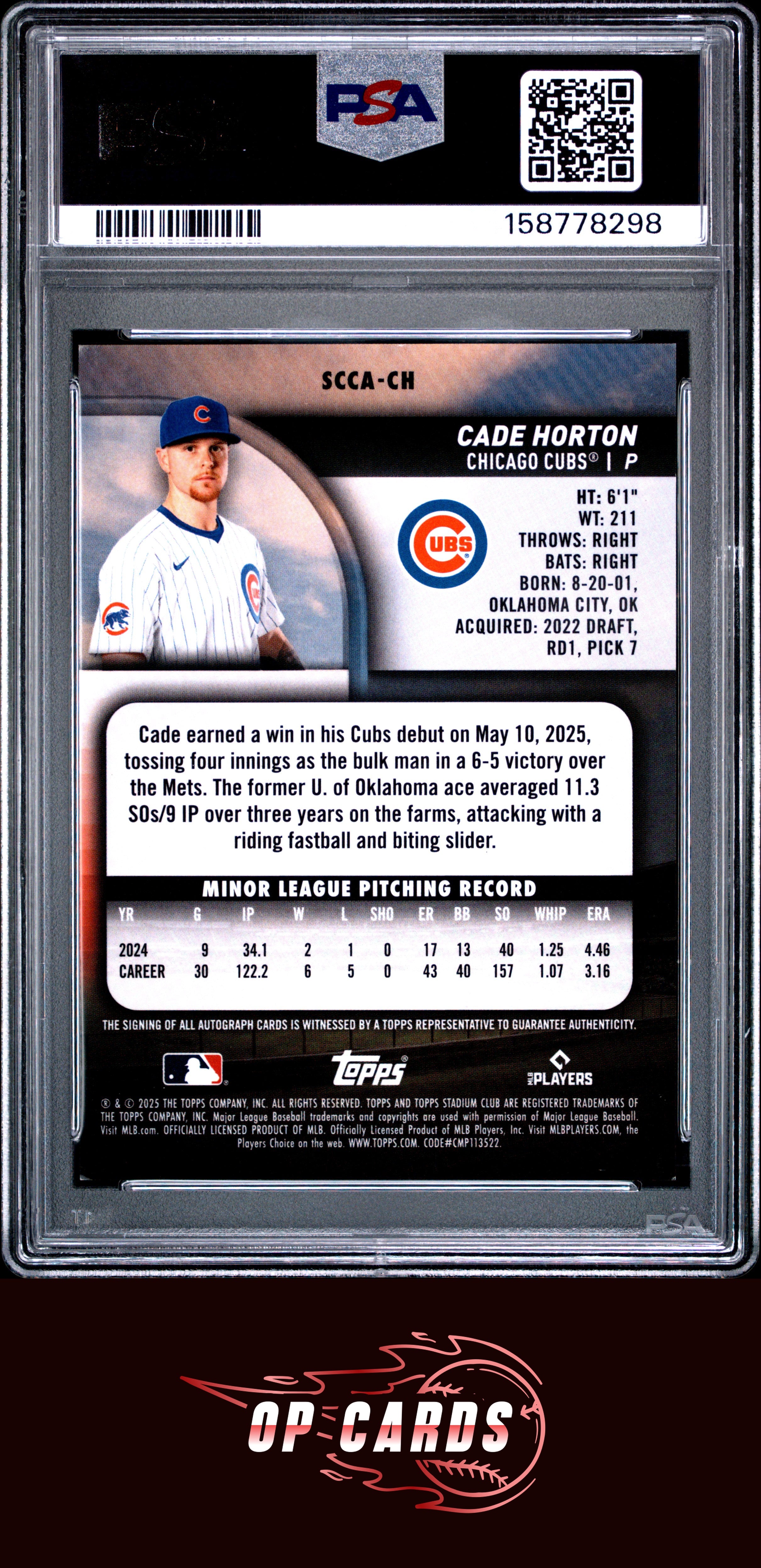 Cade Horton 2025 Topps Stadium Club Chrome Autographs Turquoise Refractor PSA 8
