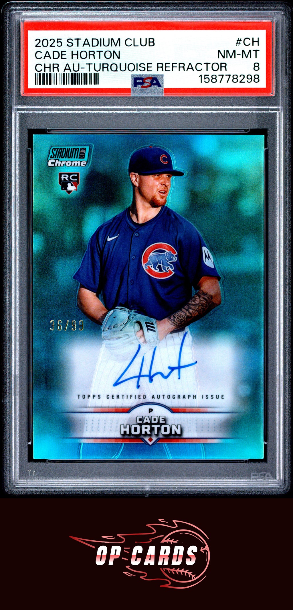 Cade Horton 2025 Topps Stadium Club Chrome Autographs Turquoise Refractor PSA 8