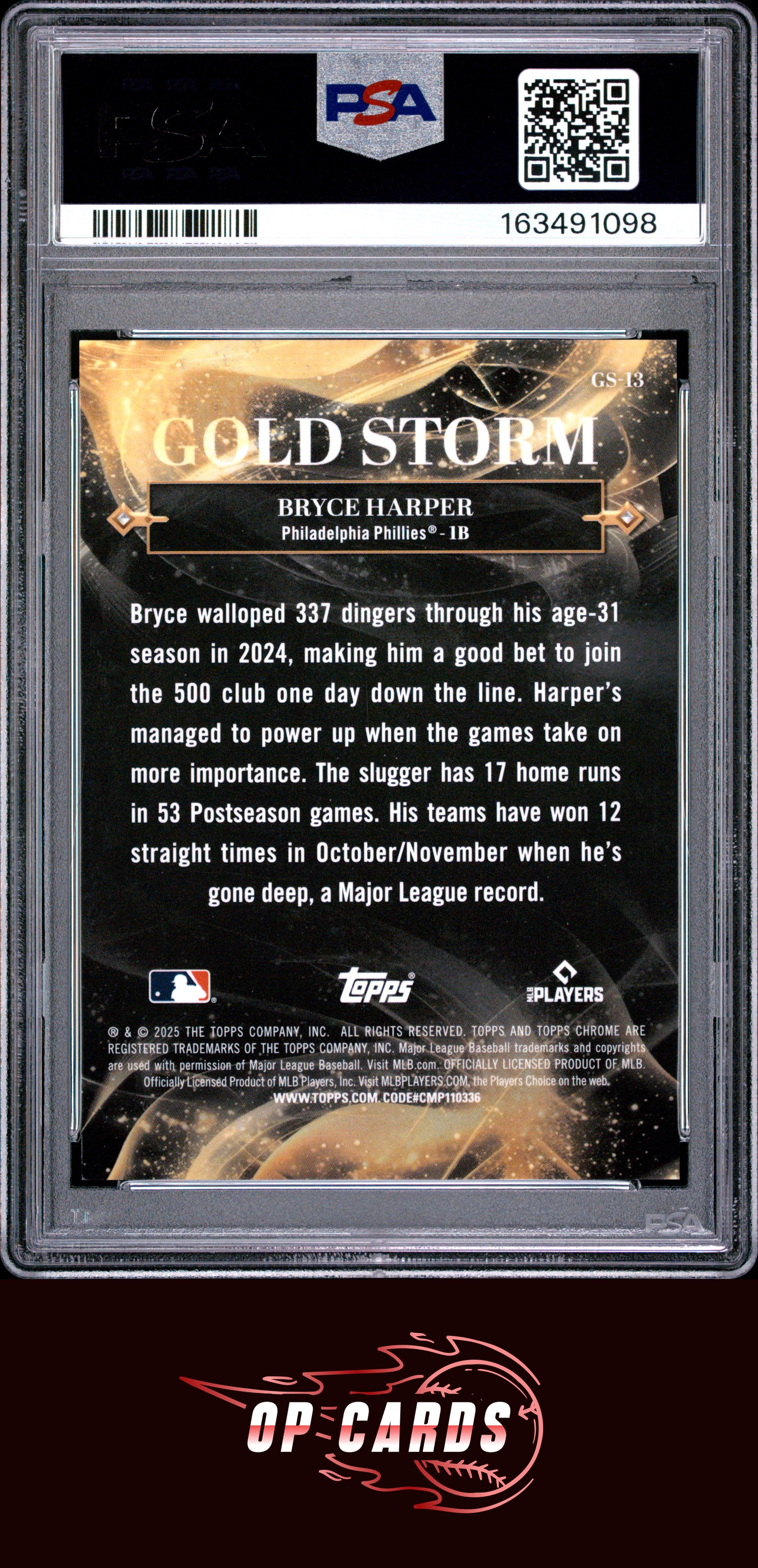 Bryce Harper 2025 Topps Gilded Collection Gold Storm #GS-13 PSA 8