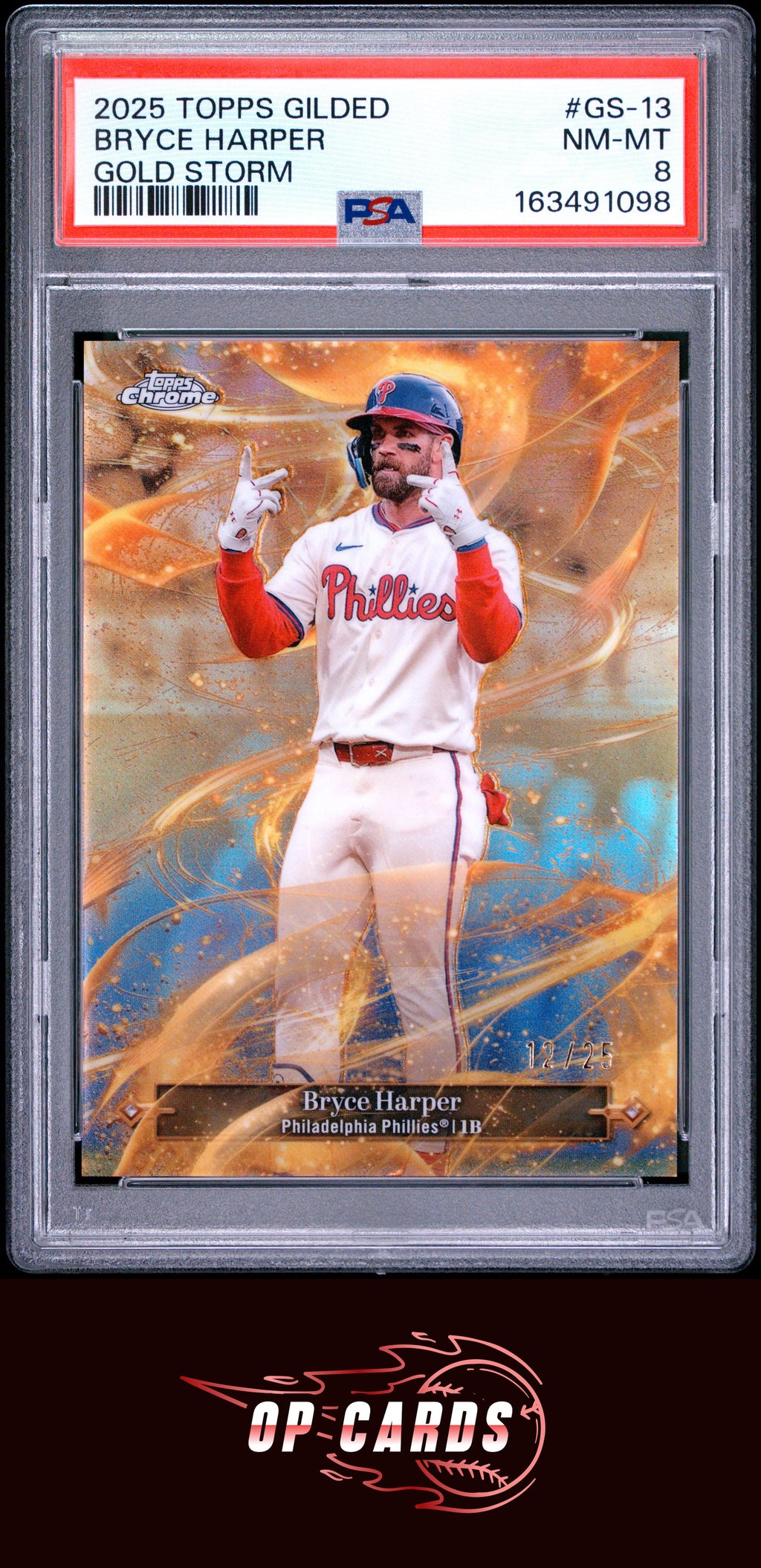 Bryce Harper 2025 Topps Gilded Collection Gold Storm #GS-13 PSA 8